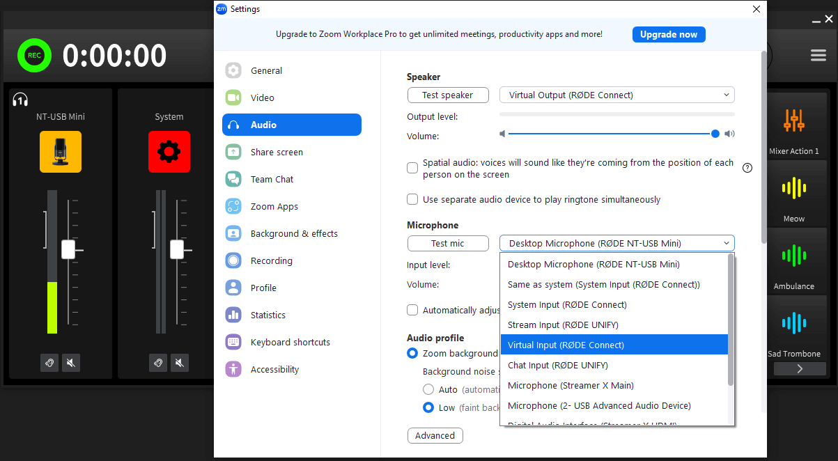 Zoom audio settings with RØDE Connect Virtual selected